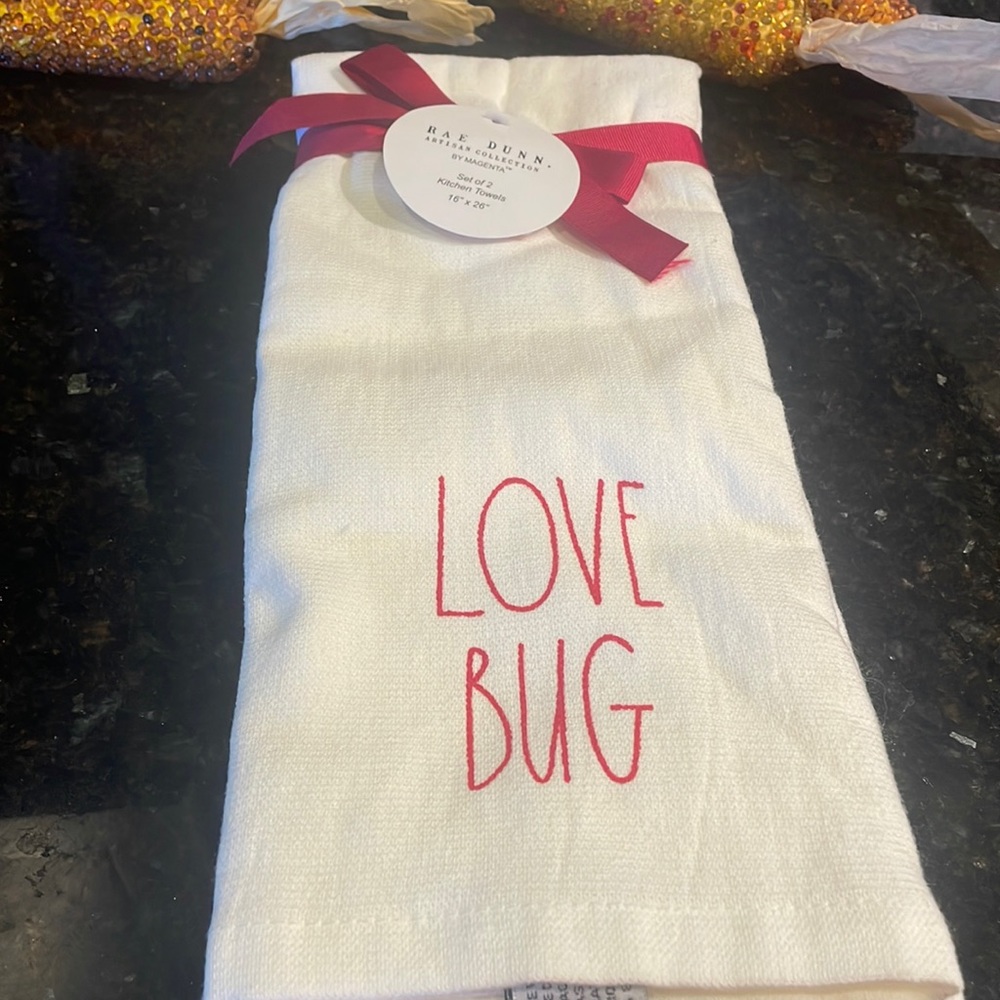 Rae Dunn LOVE BUG & BE MINE Kitchen Towels Set of 2